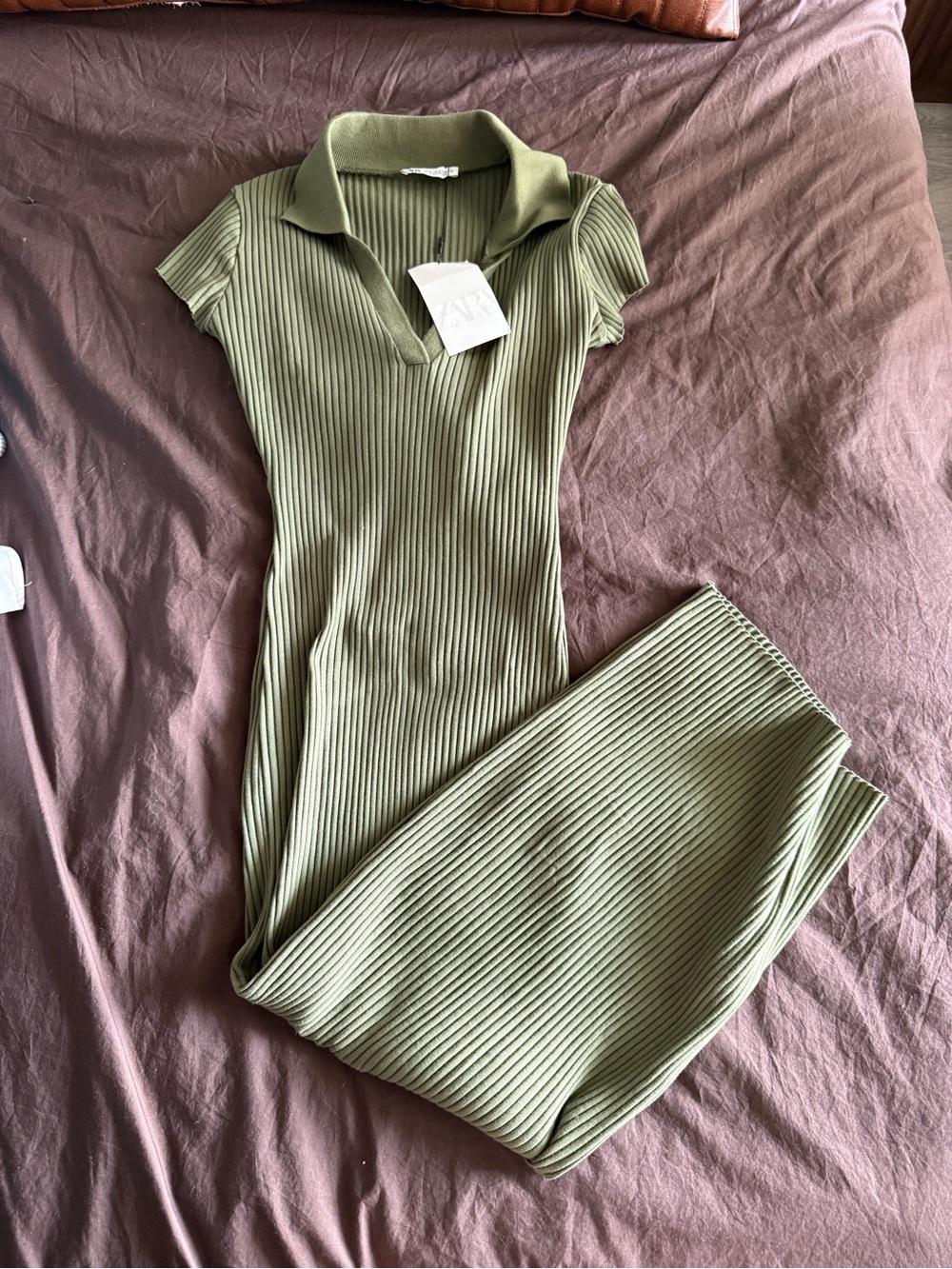 Zara Ribbed Polo Midi Dress in Olive Green